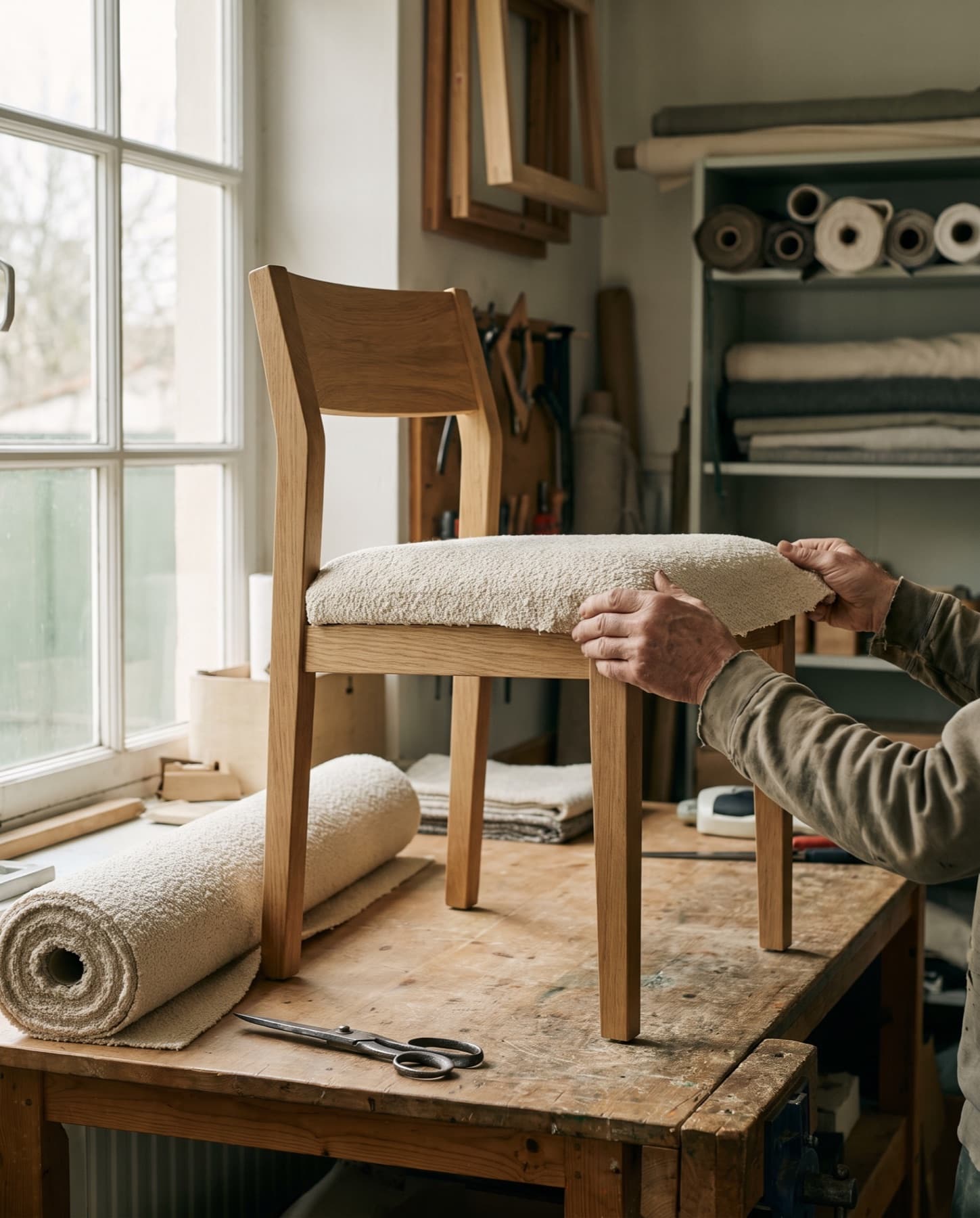Upholsterer fitting a bouclé seat to an oak chair frame on a workbench