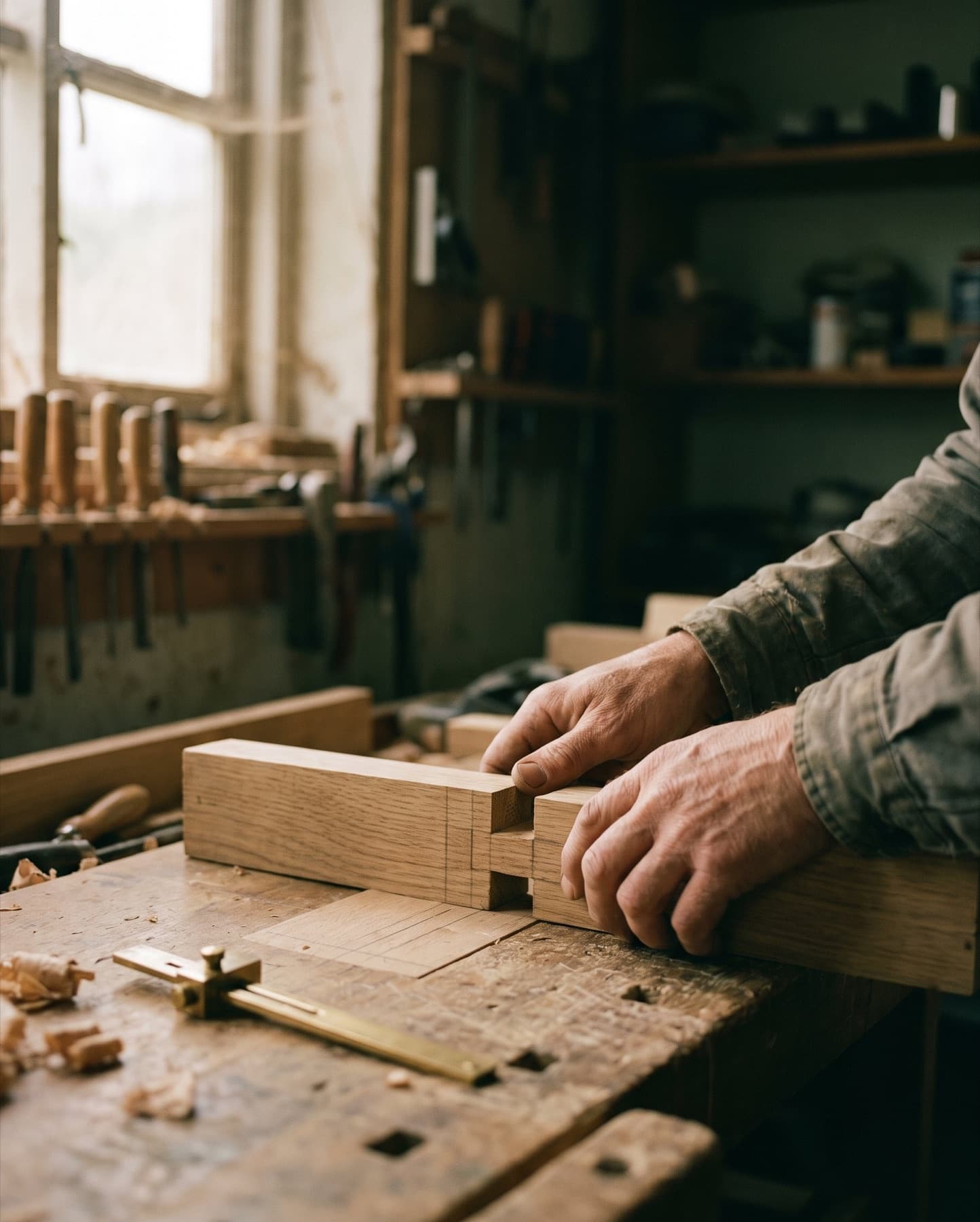 Hands fitting a mortise-and-tenon joint in oak on a workbench