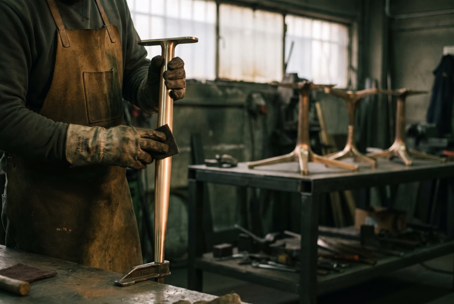 Metalworker in a leather apron checking a steel table base in a workshop