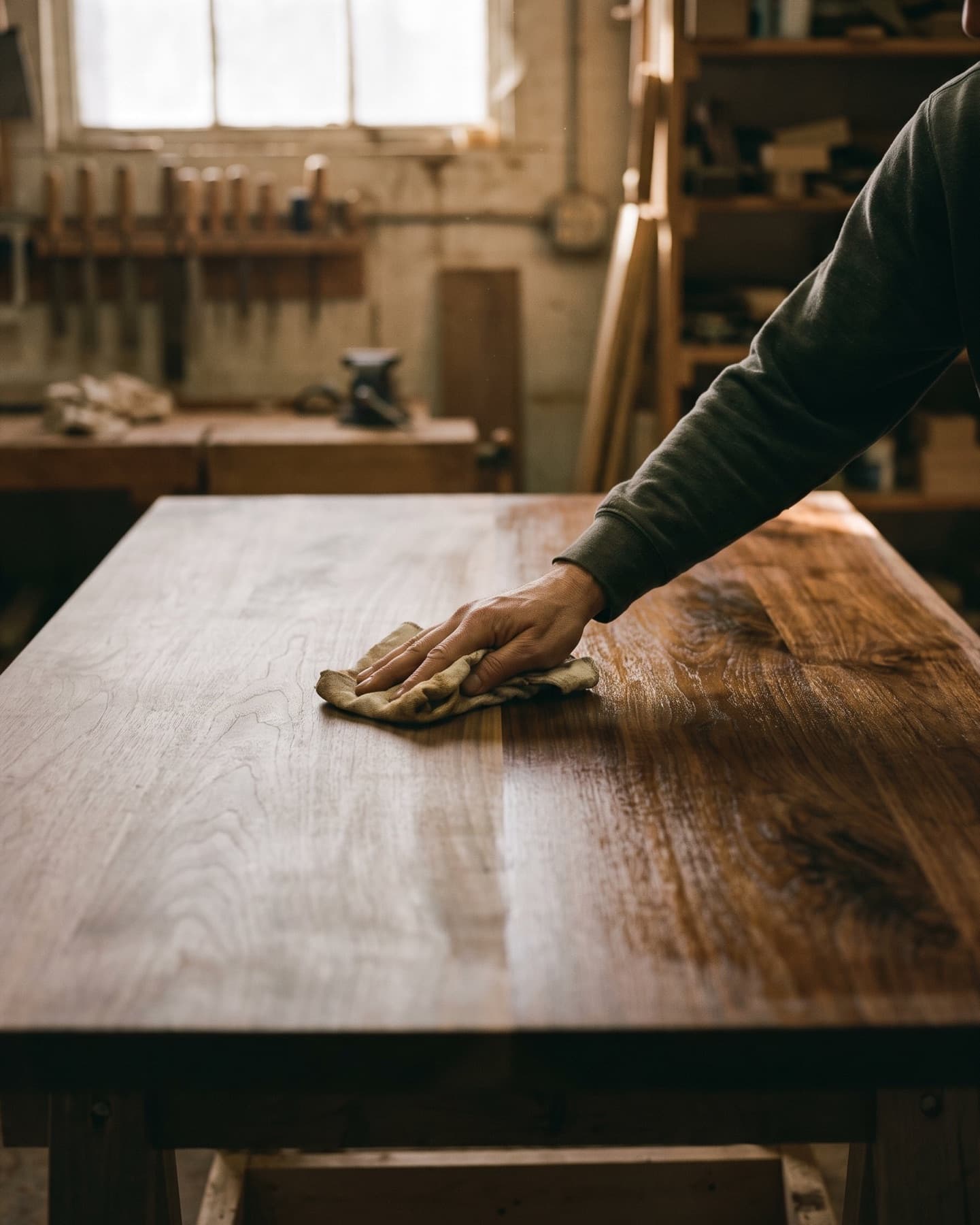 Hand applying oil with a cloth to a walnut table top