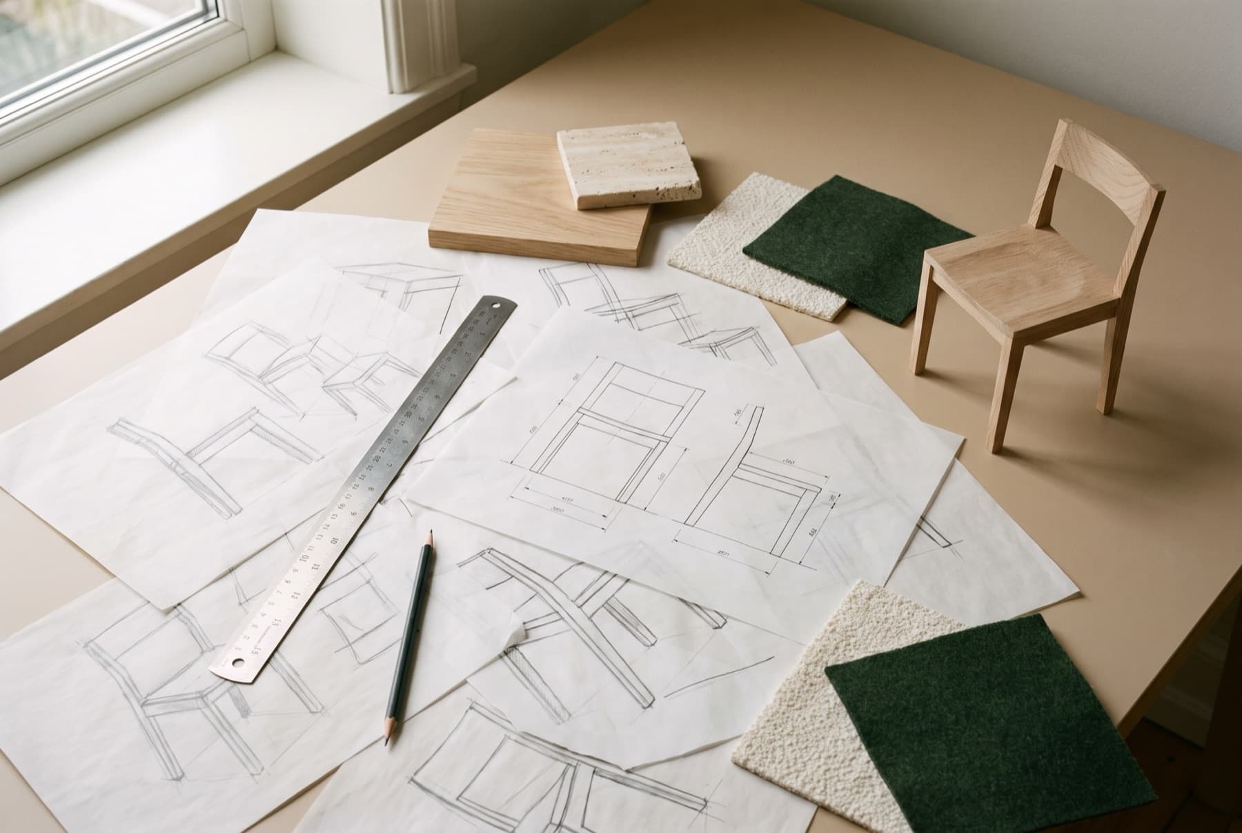 Design desk with chair drawings, a steel rule, fabric and timber samples and a small model chair