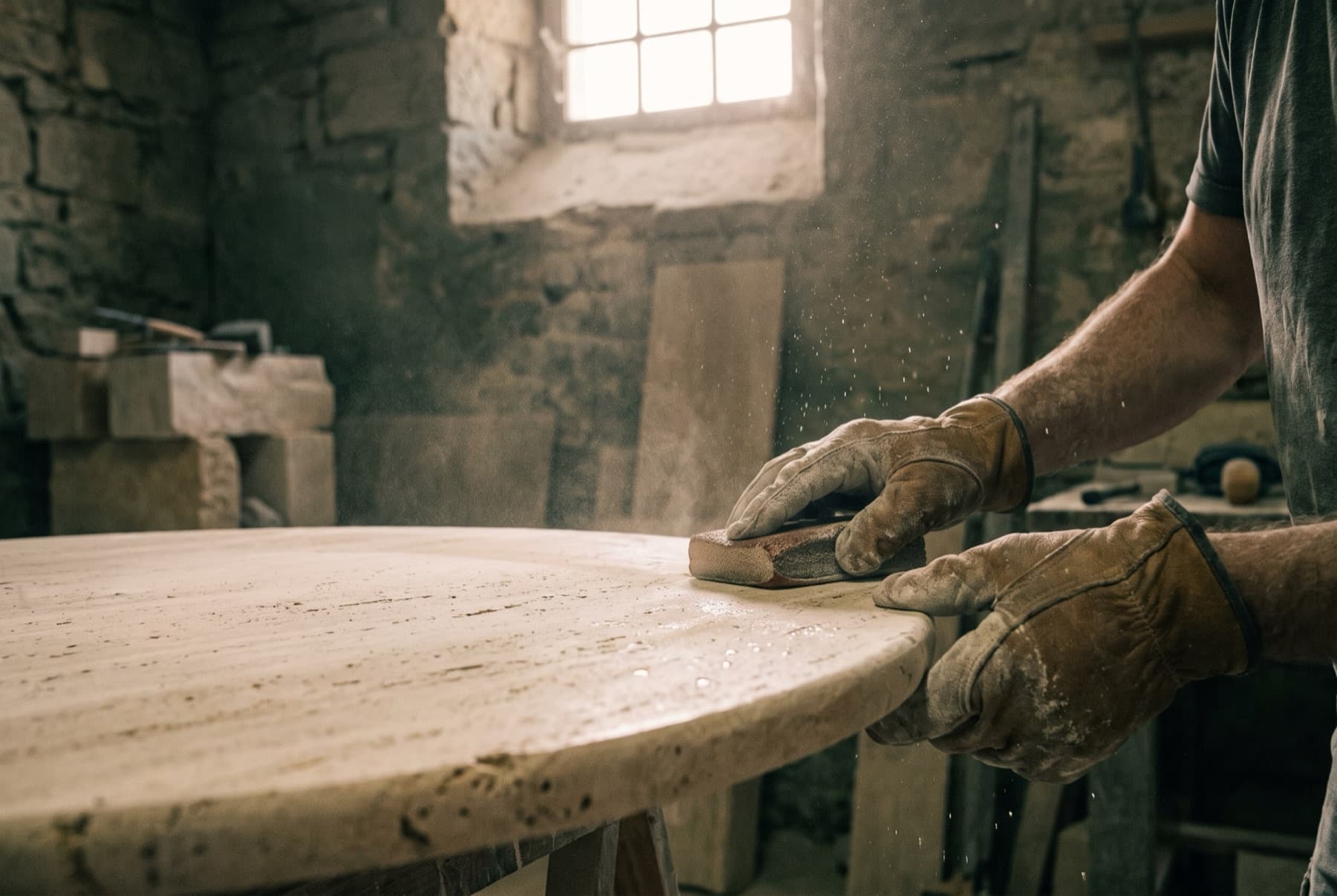 Gloved hands smoothing the edge of a round travertine table top