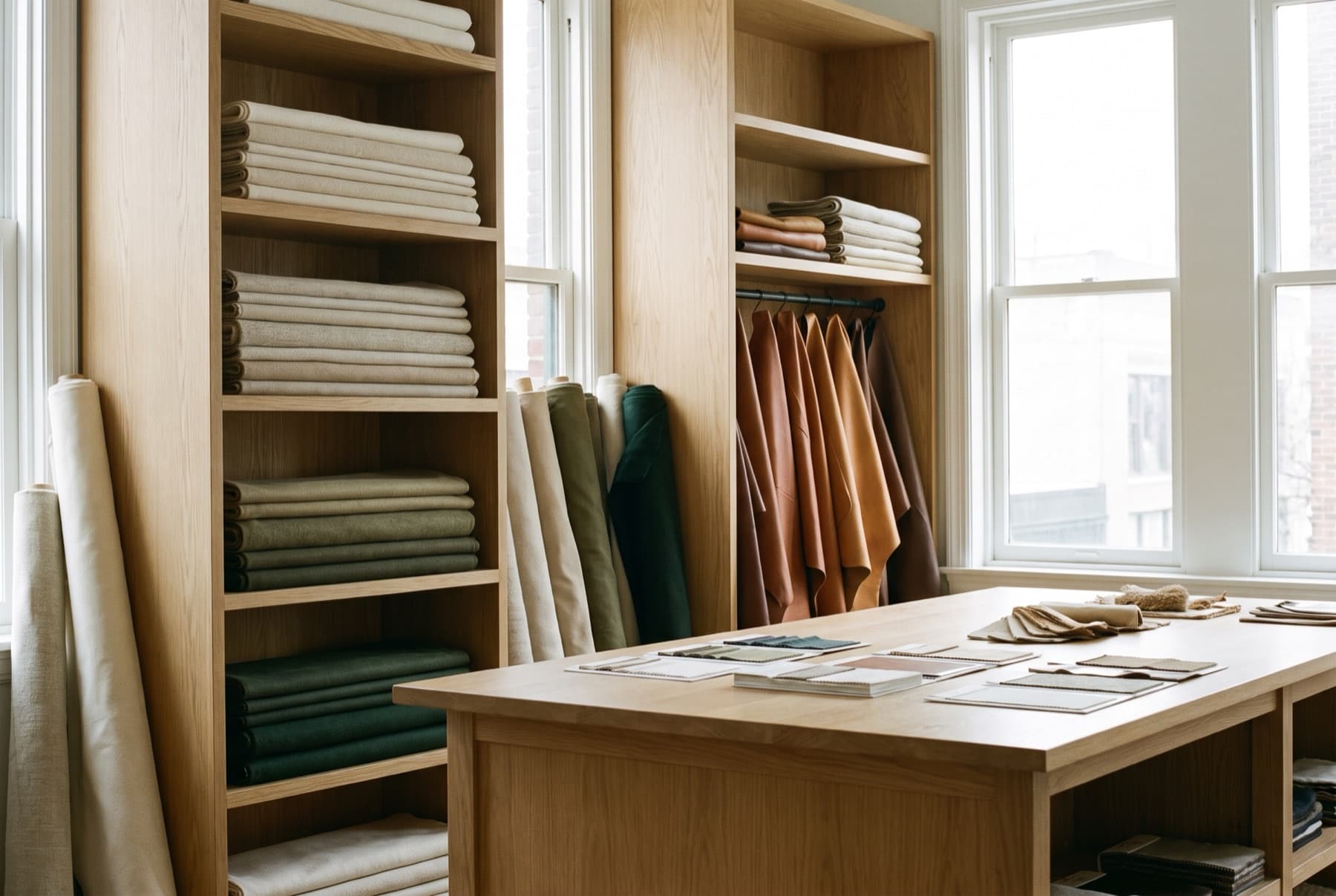 Shelves of folded fabrics and leather hides beside a sample table in a daylit room