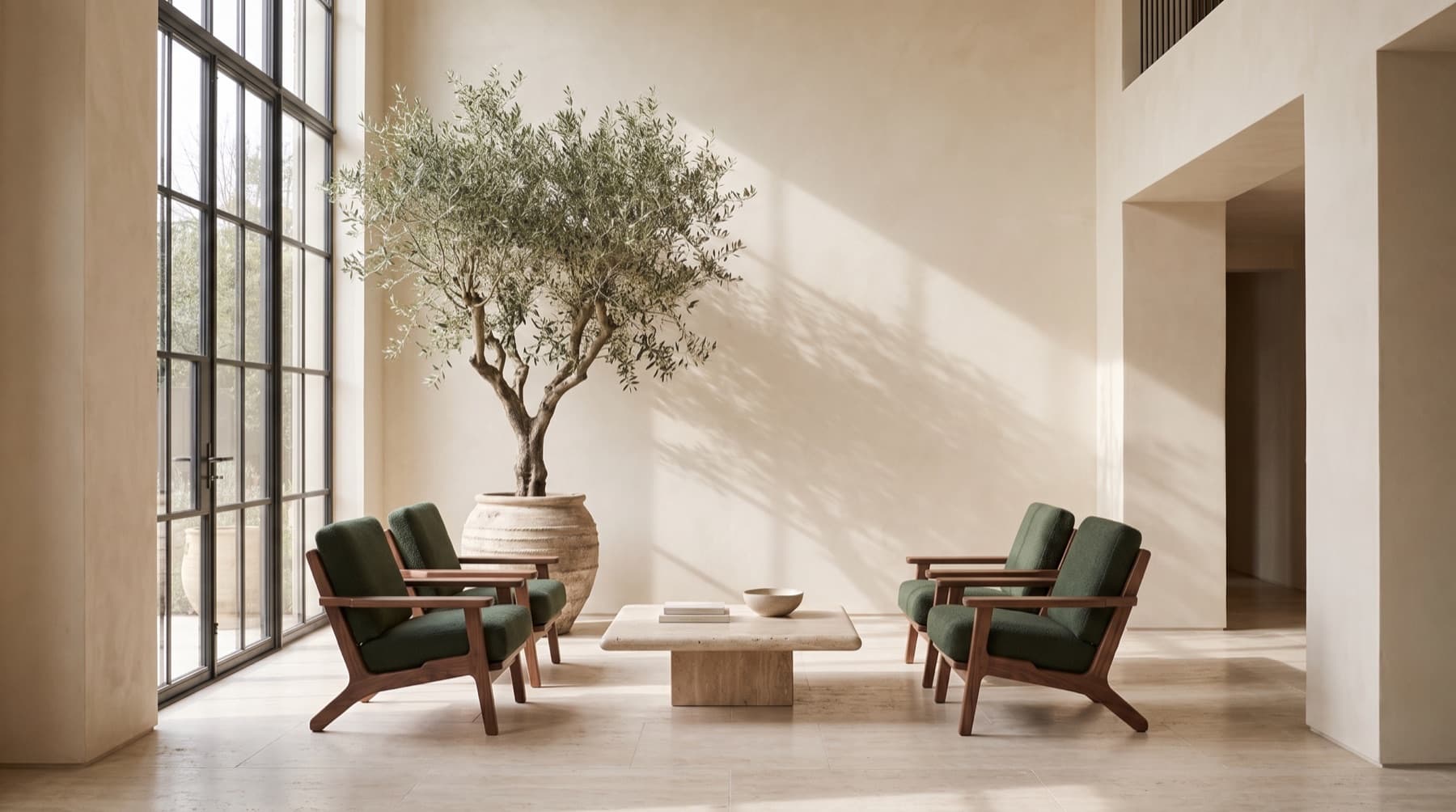 Double-height hotel lobby with an olive tree, four green lounge chairs and a low travertine table