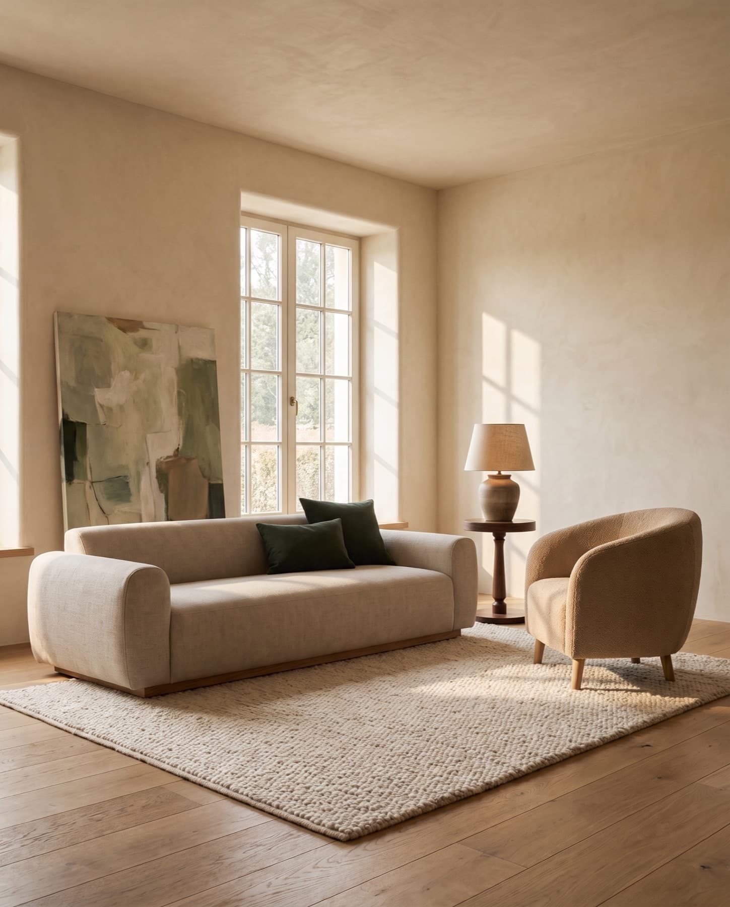 Living room with an oatmeal sofa, a bouclé tub armchair, a walnut side table and a wool rug