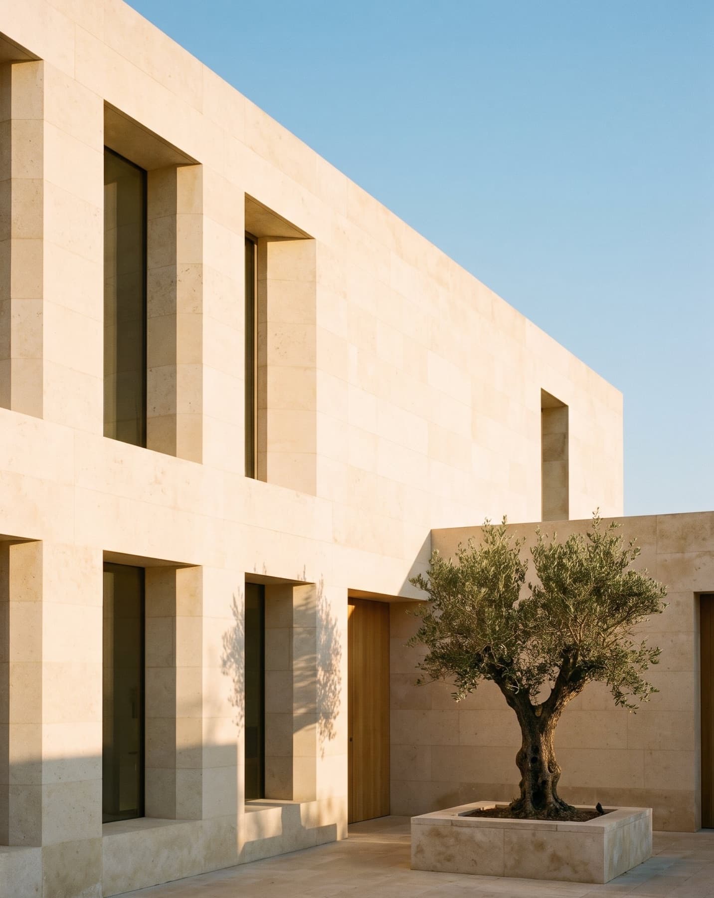 Limestone building facade around a courtyard with an olive tree in a stone planter