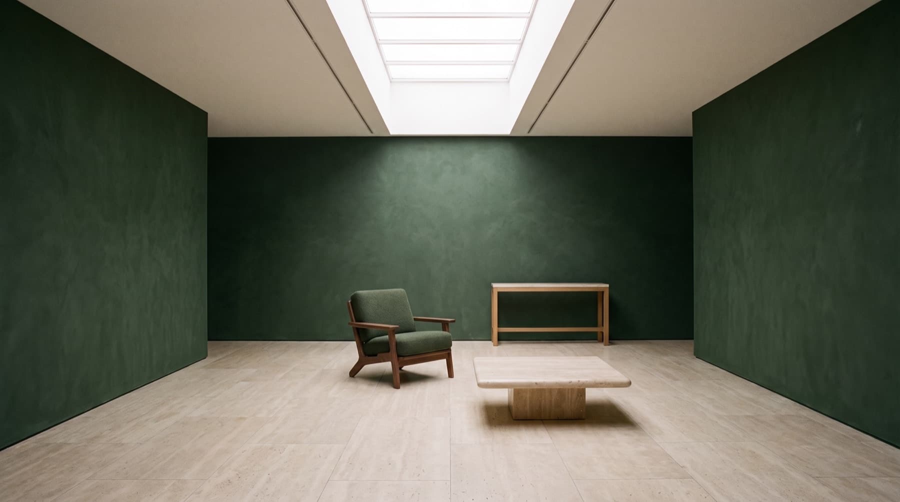 Gallery-like room with forest-green walls and a skylight, a lounge chair, a travertine coffee table and a console