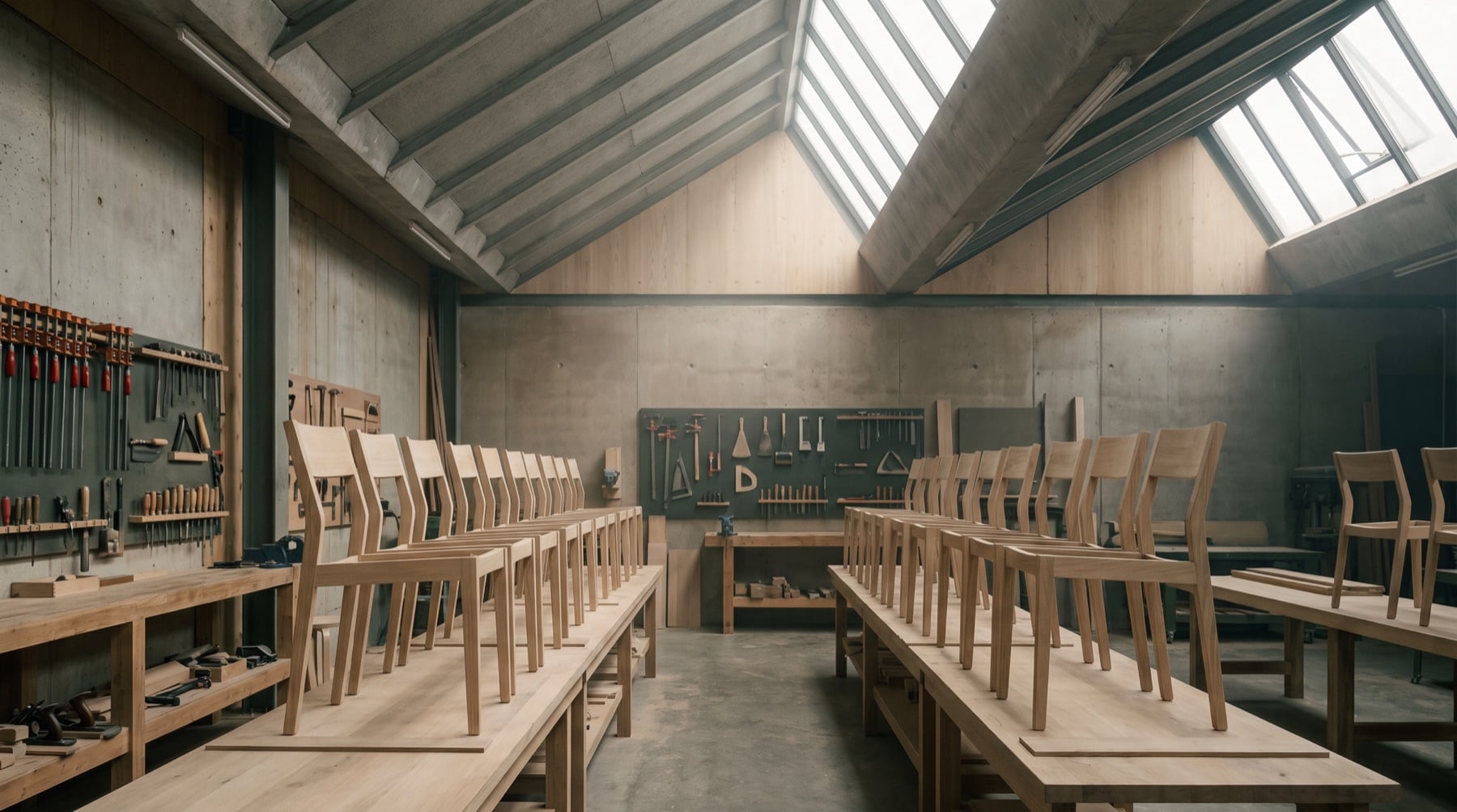 Wide view of a daylit workshop with rows of timber chair frames on benches