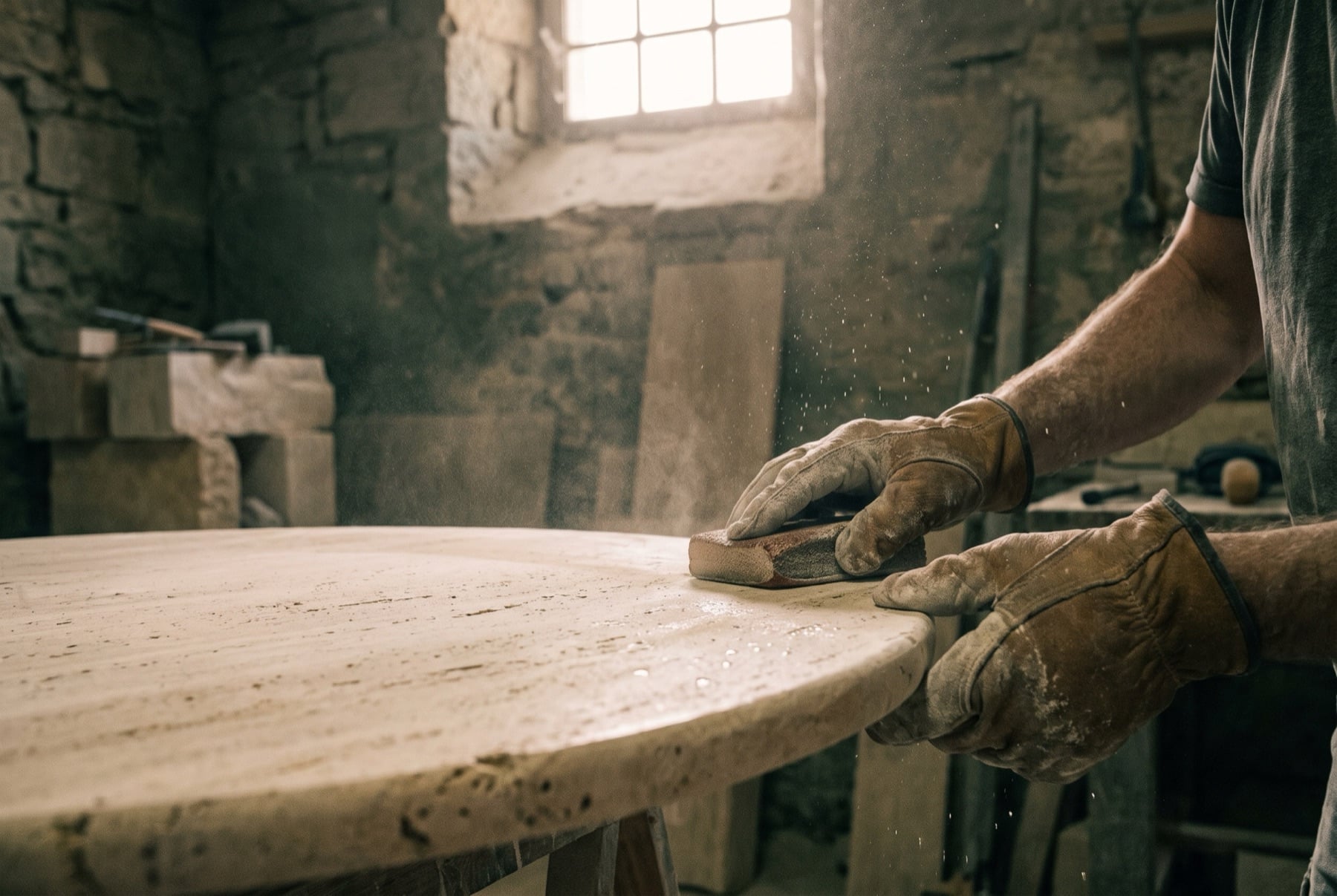 Gloved hands smoothing the edge of a round travertine table top