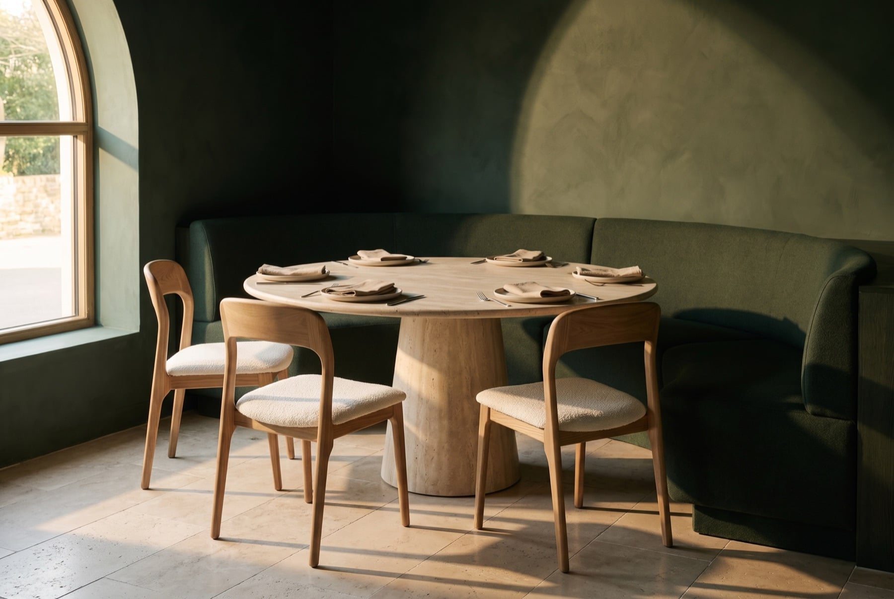 Arden dining chairs around a round oak pedestal table beside a curved forest-green banquette under an arched window