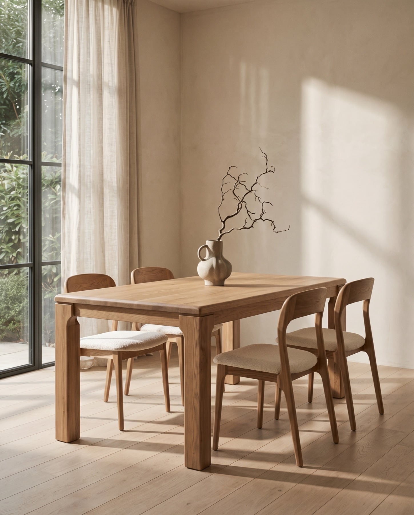 Bright dining room with an oak table and oak dining chairs beside tall steel-framed windows