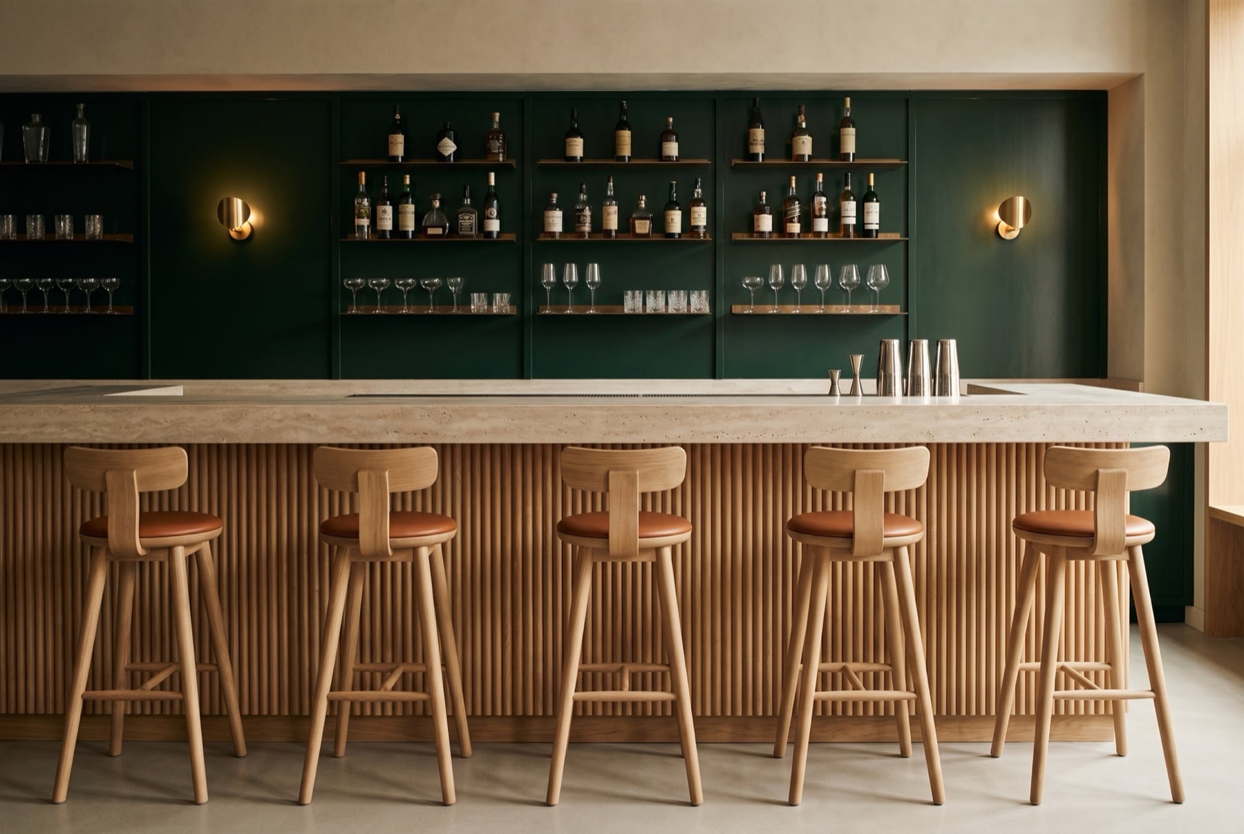Hotel bar with a fluted oak counter and travertine top, oak bar stools with leather seats and green back shelving